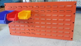 louvered panel with plastic bins